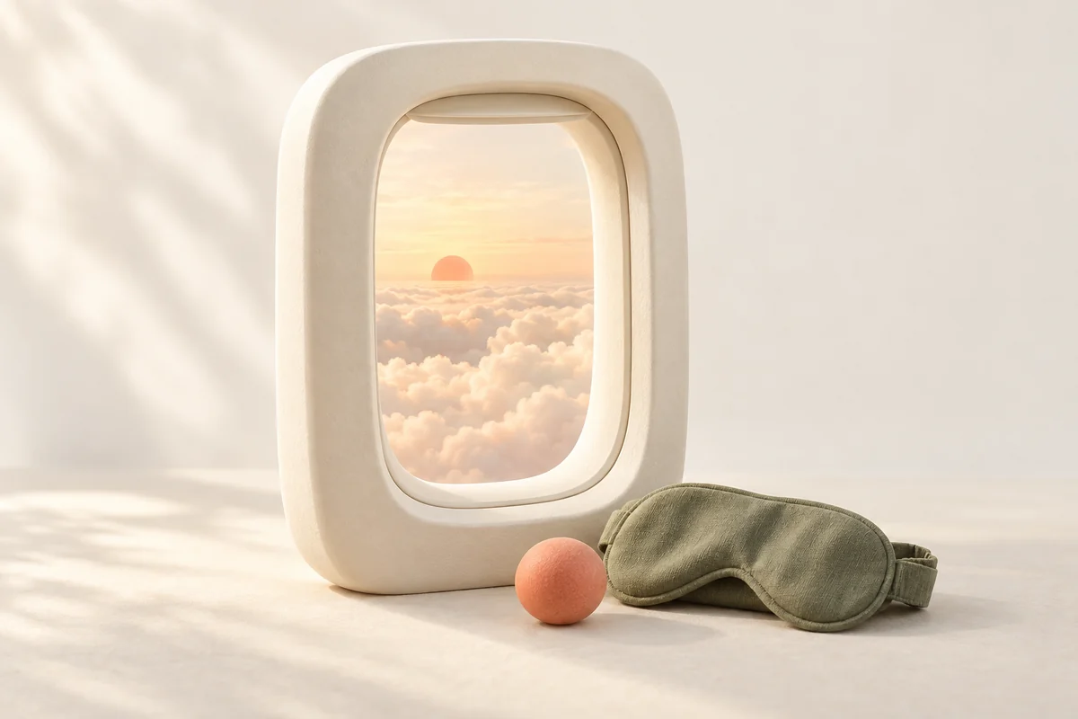 An ivory airplane window, a morning sky and an olive sleep mask