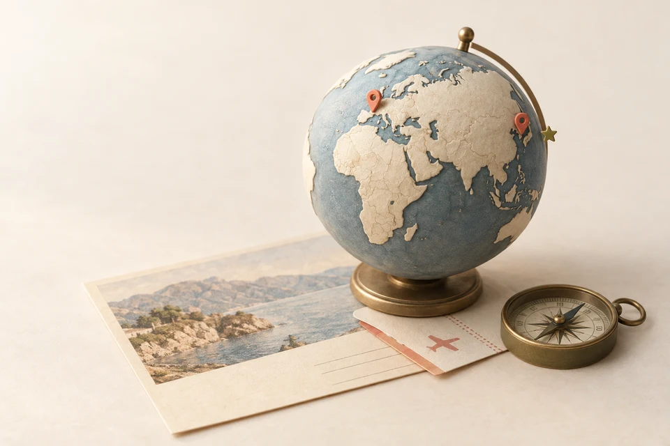 A miniature ivory world globe with coral pins and an olive wishlist star